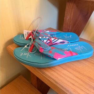 DKNY Bright Turquoise & Pink Patterned Flip Flops